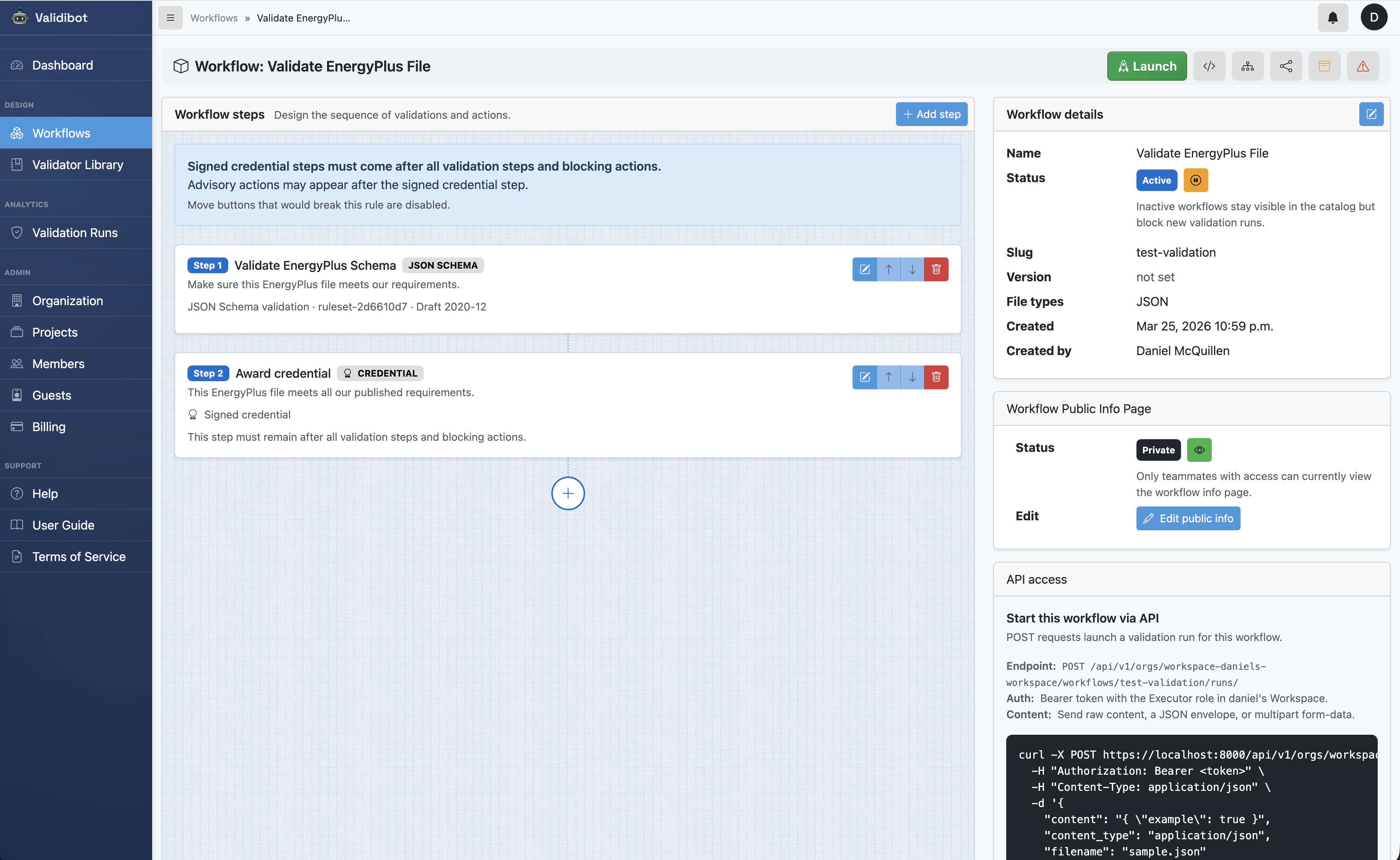 A screencapture of a Validibot workflow