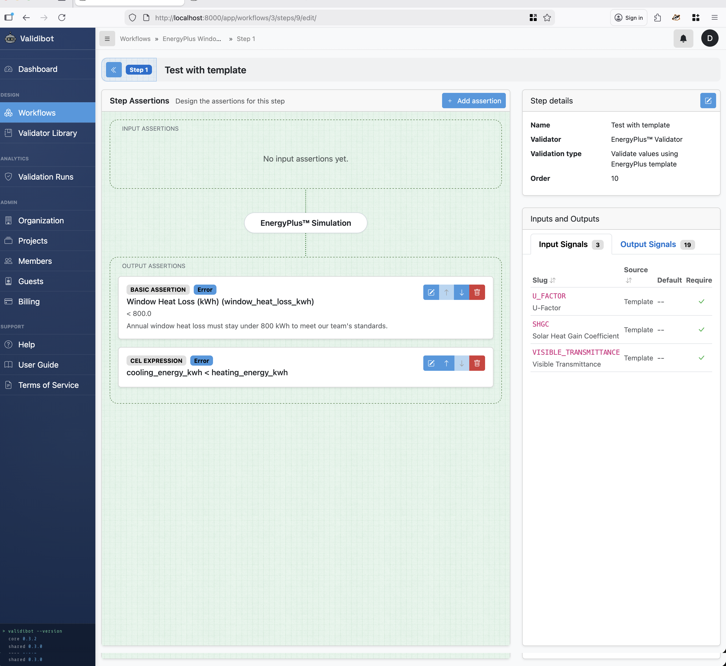 Step detail page showing the configured assertion in the output assertions section