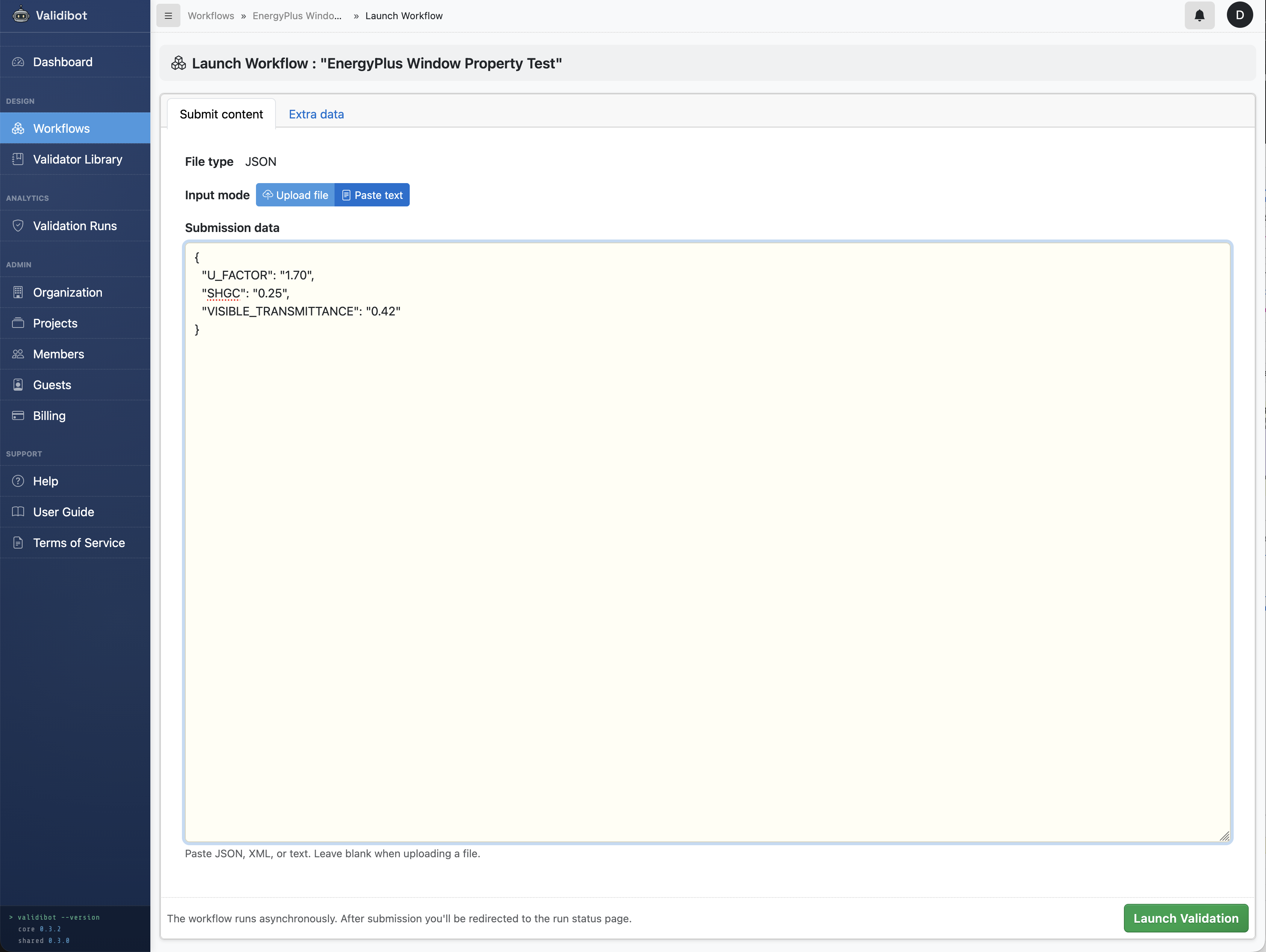 Submitter's view: a simple web form to paste JSON parameter values and launch a validation run