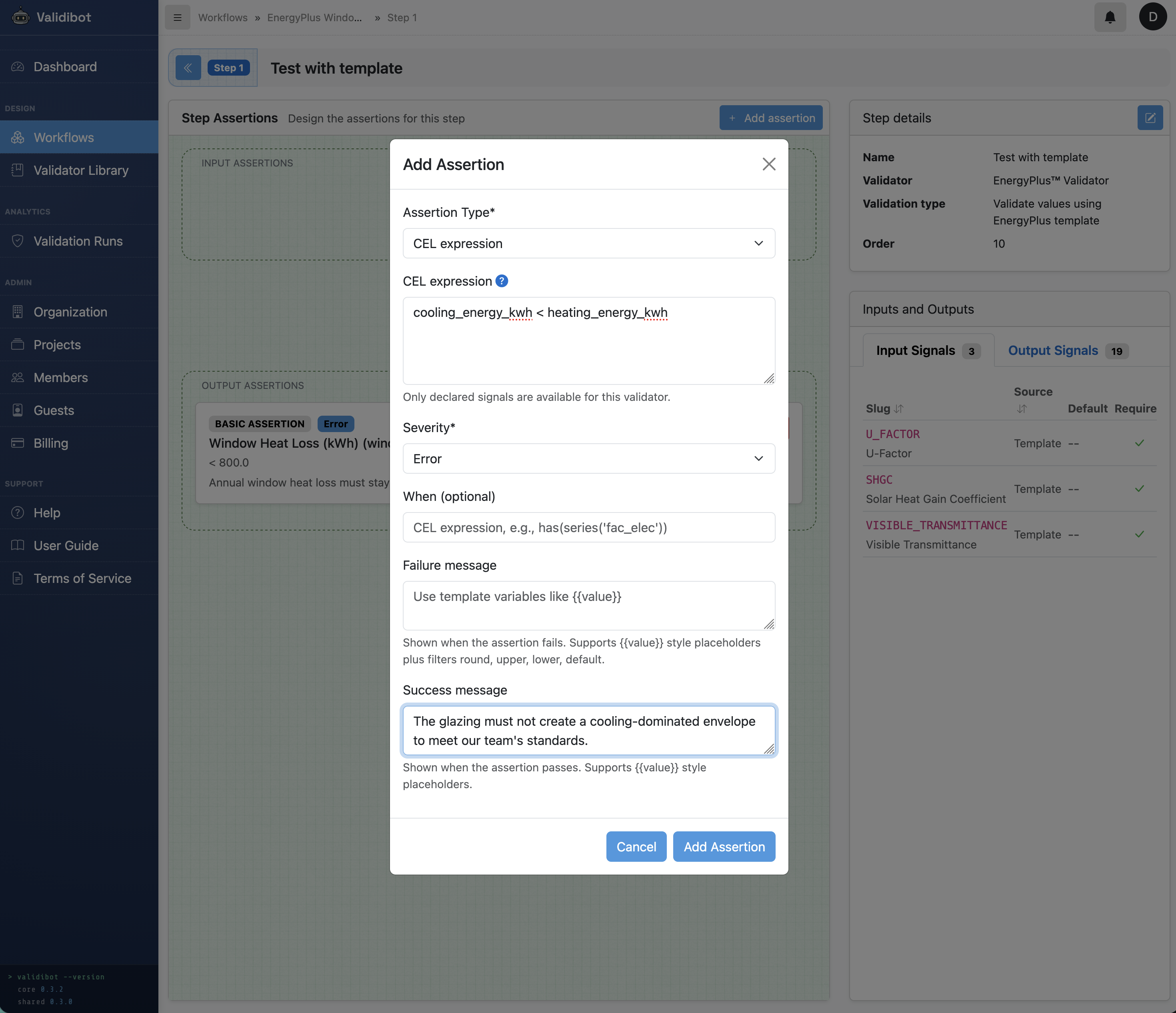 Add Assertion dialog configuring a window heat loss limit