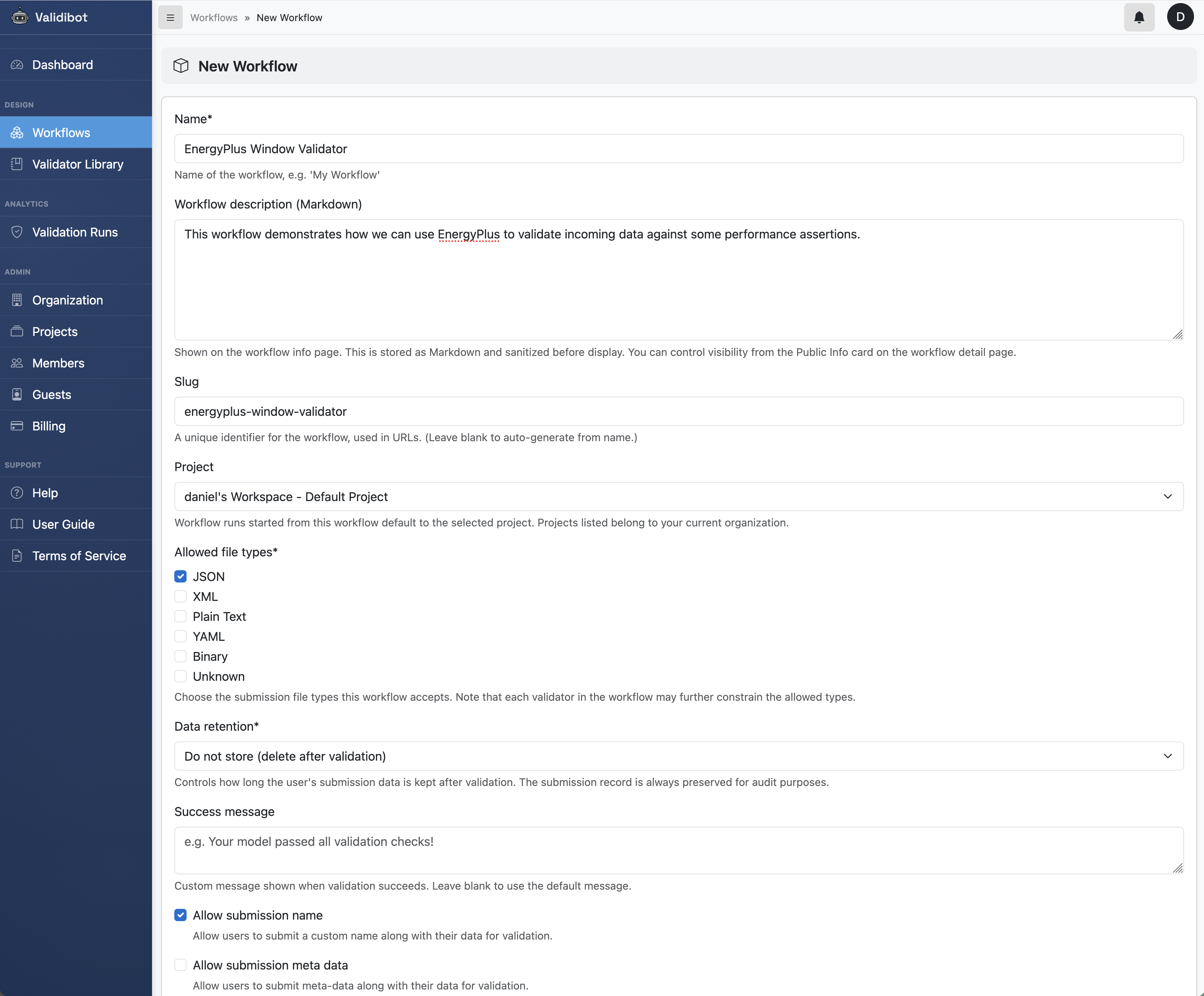 Creating a new Validibot workflow