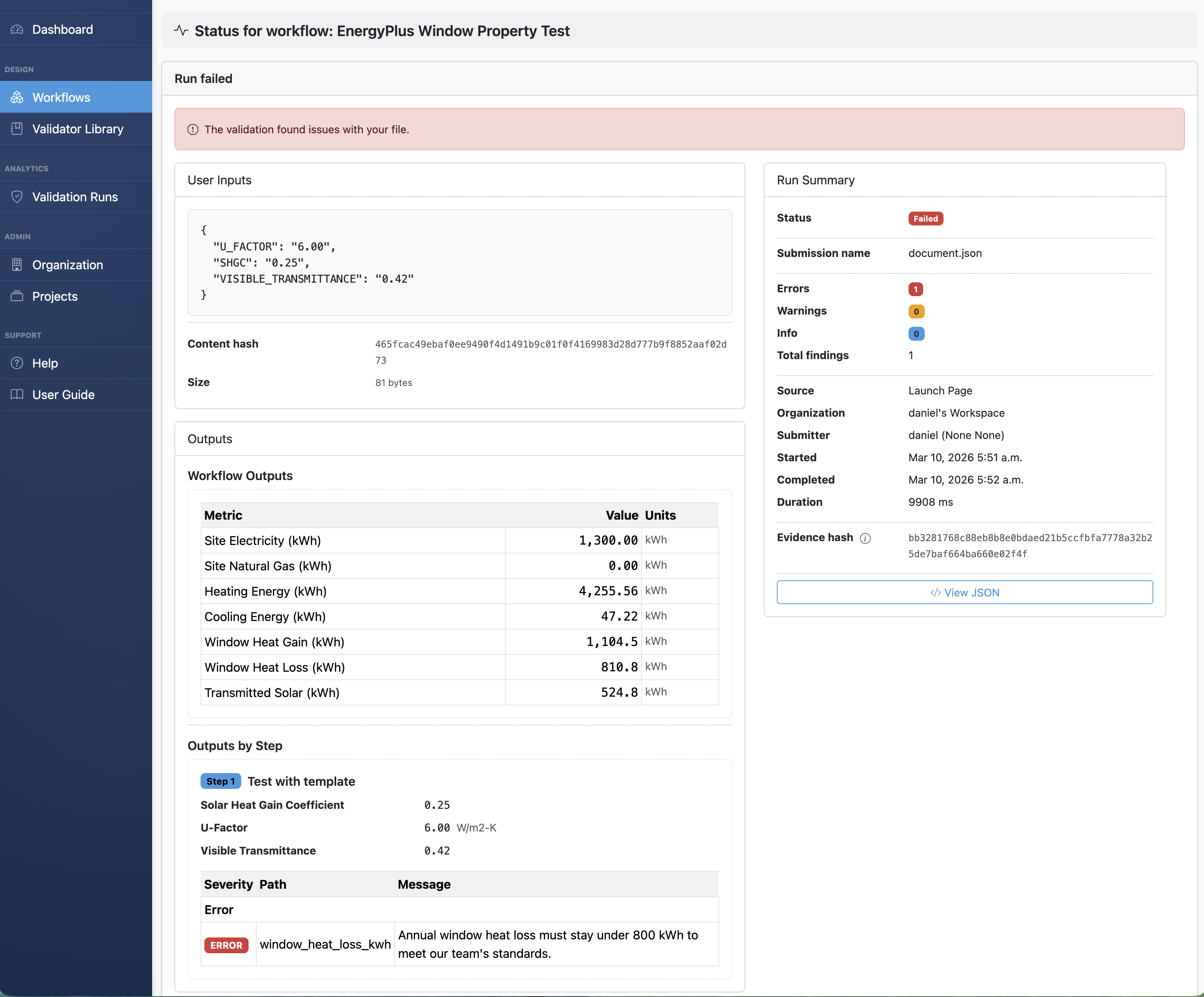 Failed validation run with U-Factor 6.00 showing Window Heat Loss of 810.8 kWh