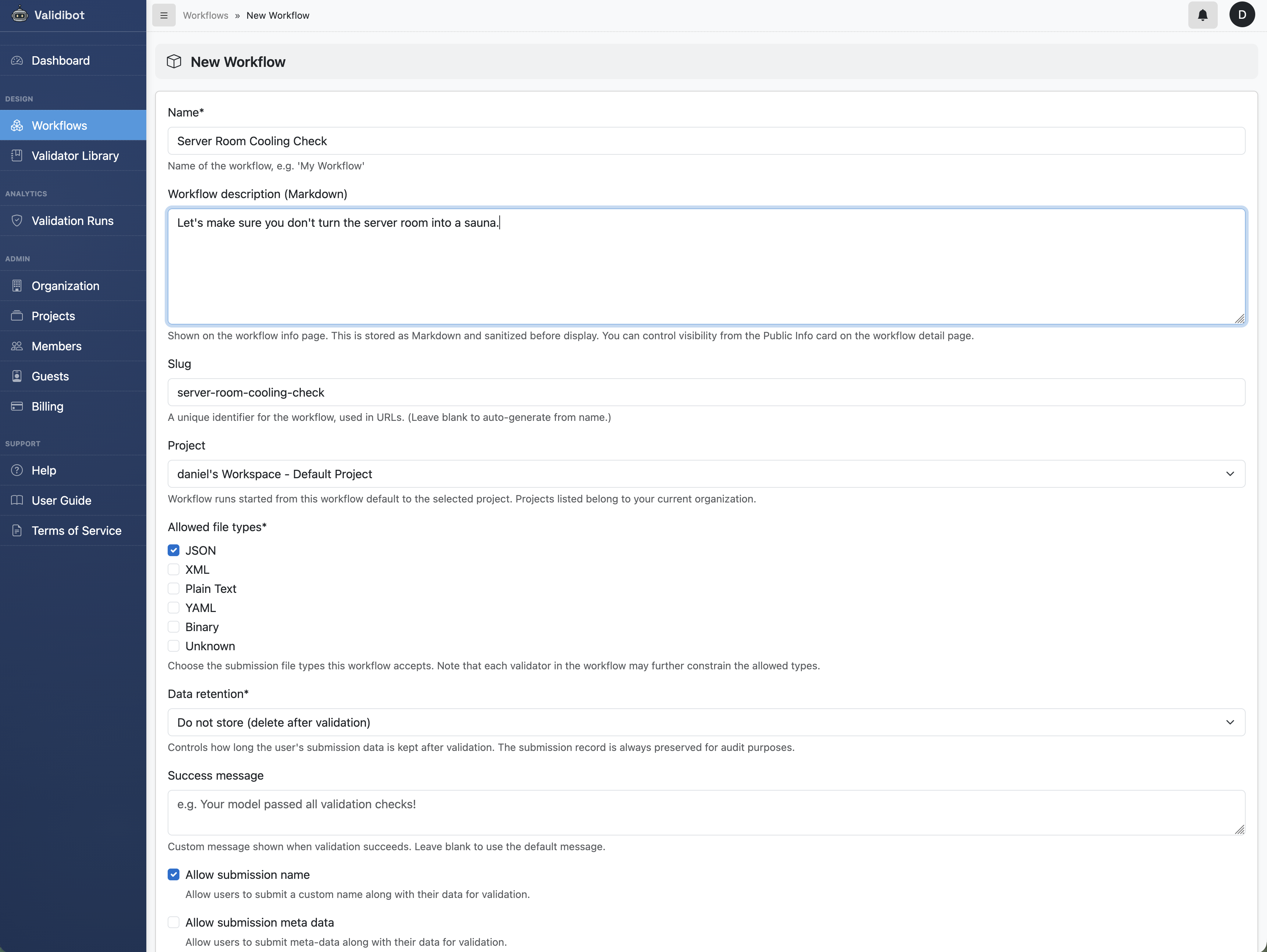 Screenshot of Validibot. User is creating a new workflow.
