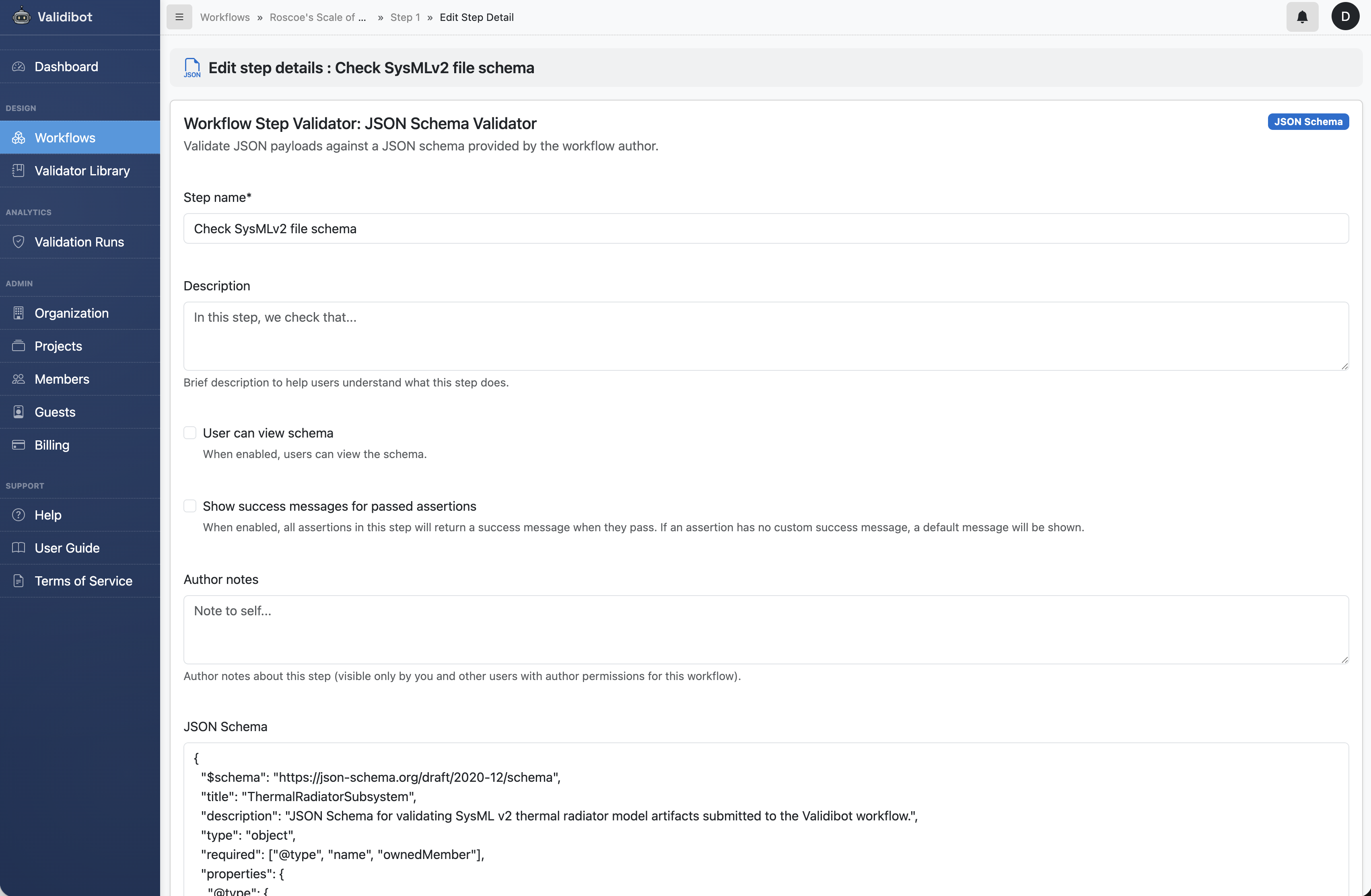 Step 1 screenshot. The JSON Schema validator step.