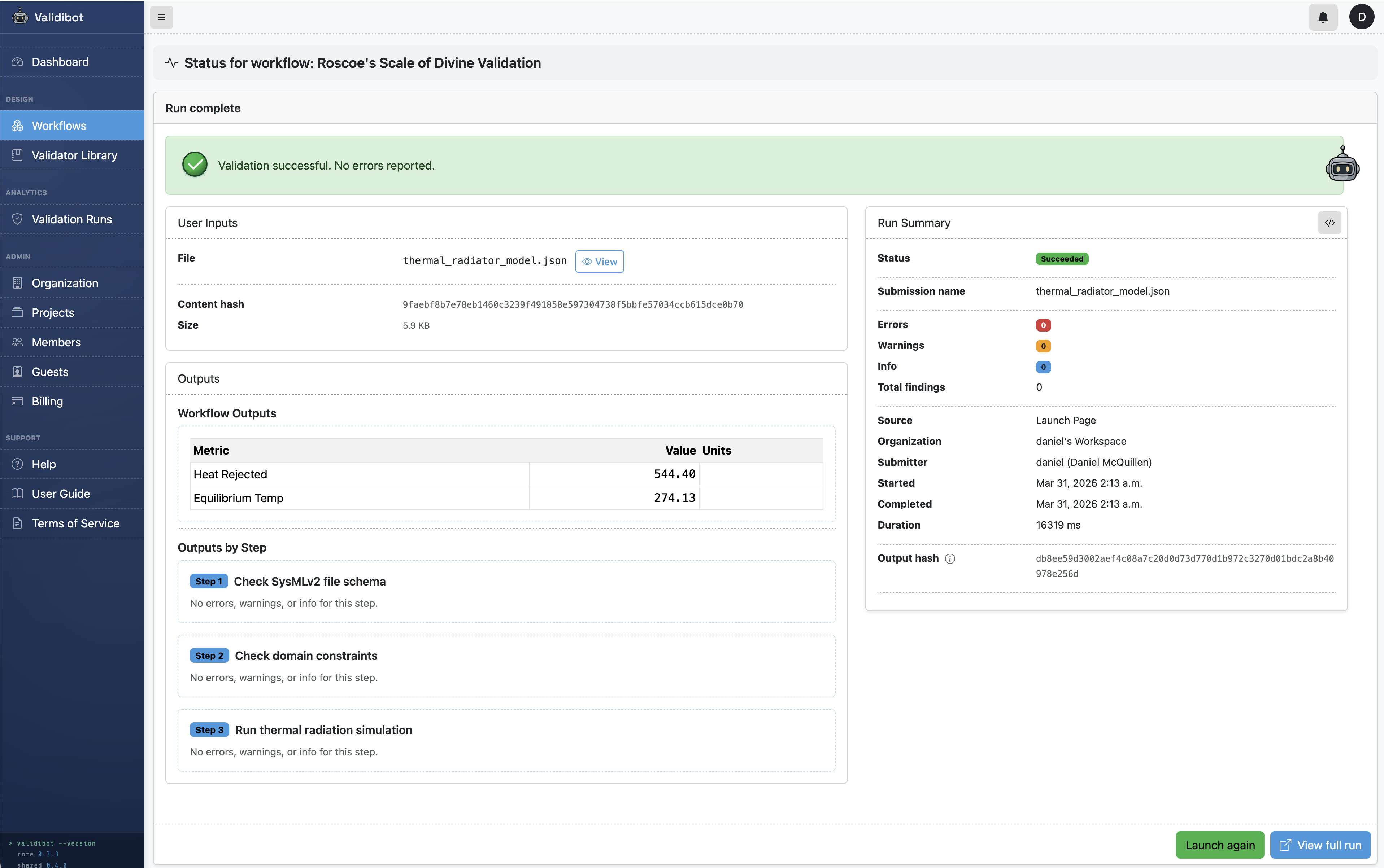 Validibot failed submission screenshot showing step 3 failed