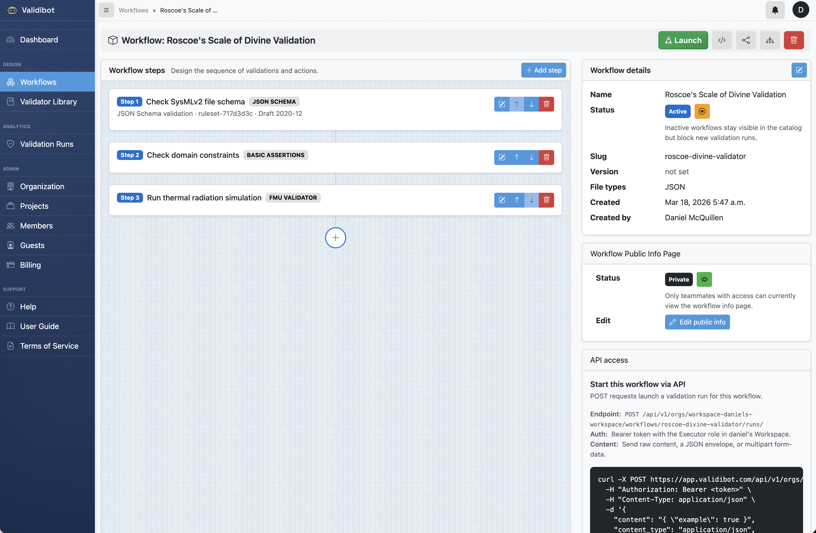 Screenshot: Validibot workflow builder, three steps in sequence