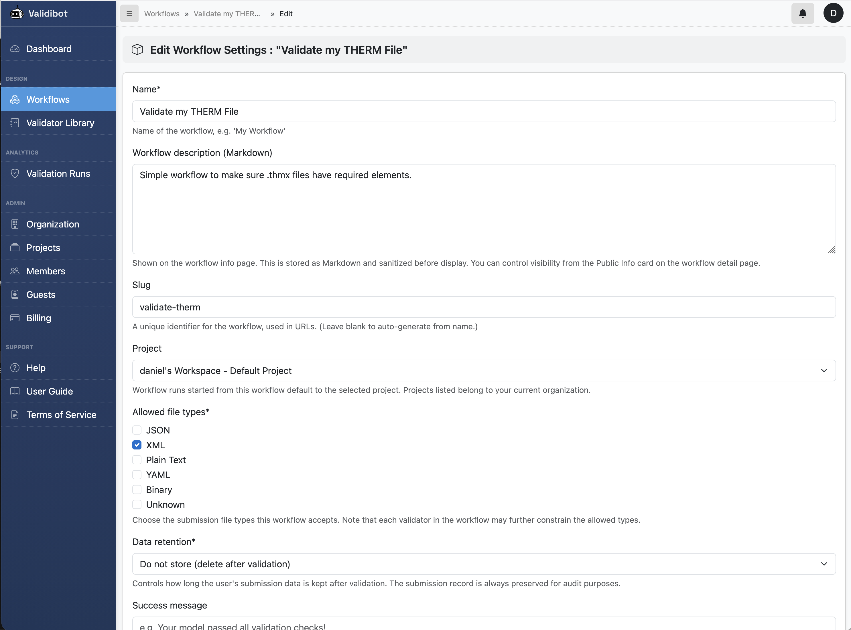 Screenshot of Validibot in use
