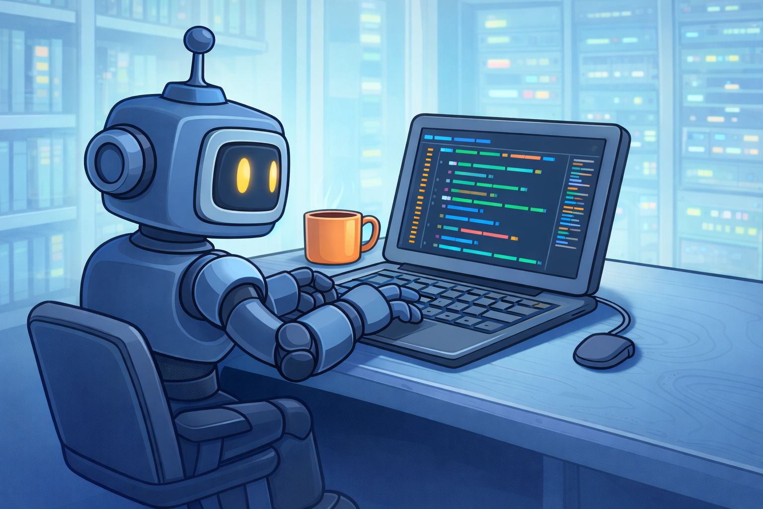 Illustration of the Validibot robot writing code.
