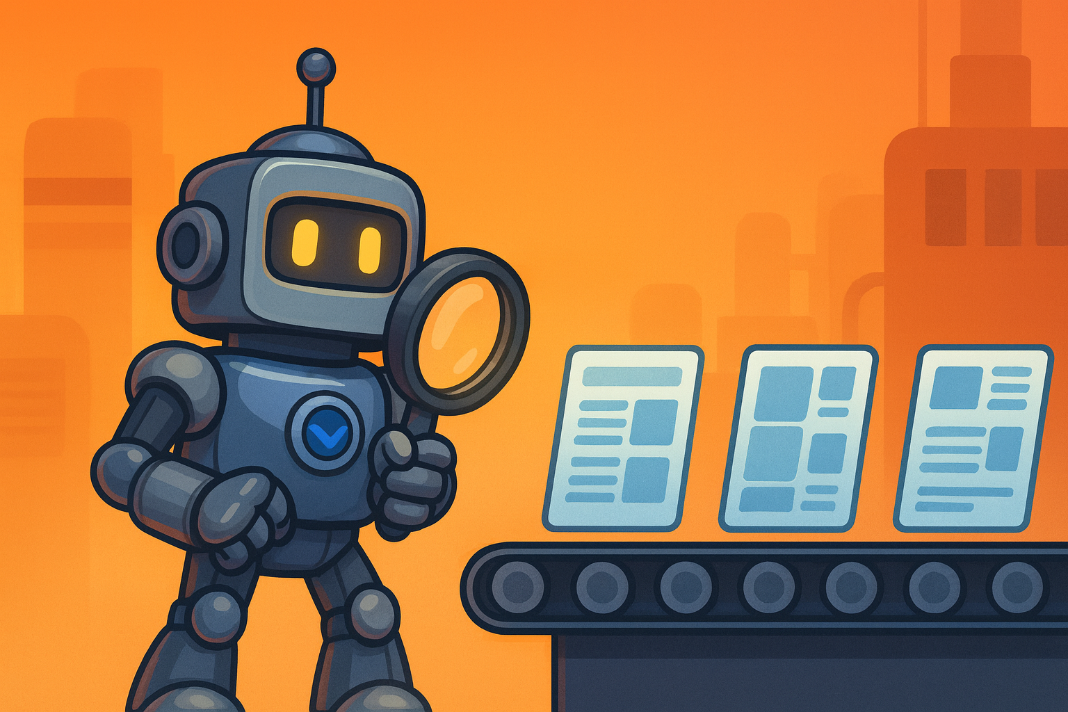 Illustration of the Validibot robot interacting with various documents.