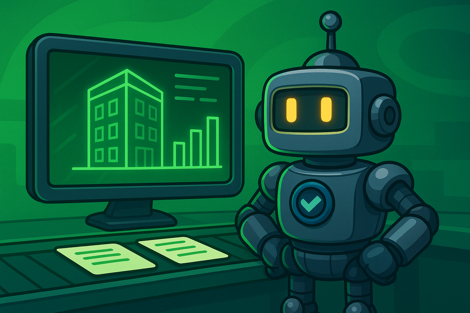Illustration of the Validibot robot running a building energy simulation.